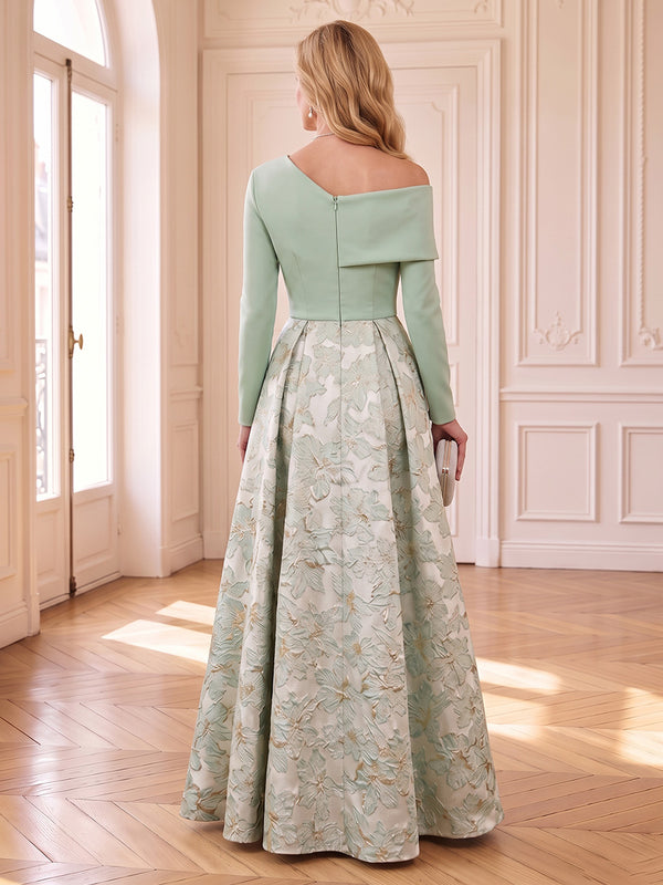 Jacquard Mother of the Bride/Groom Dresses A Line Asymmetric Long Sleeves Floor Length Pleated