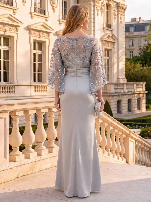 Sequin Mother of the Bride/Groom Dresses Sheath/Mermaid Scoop Neck Cape Sleeves Floor Length