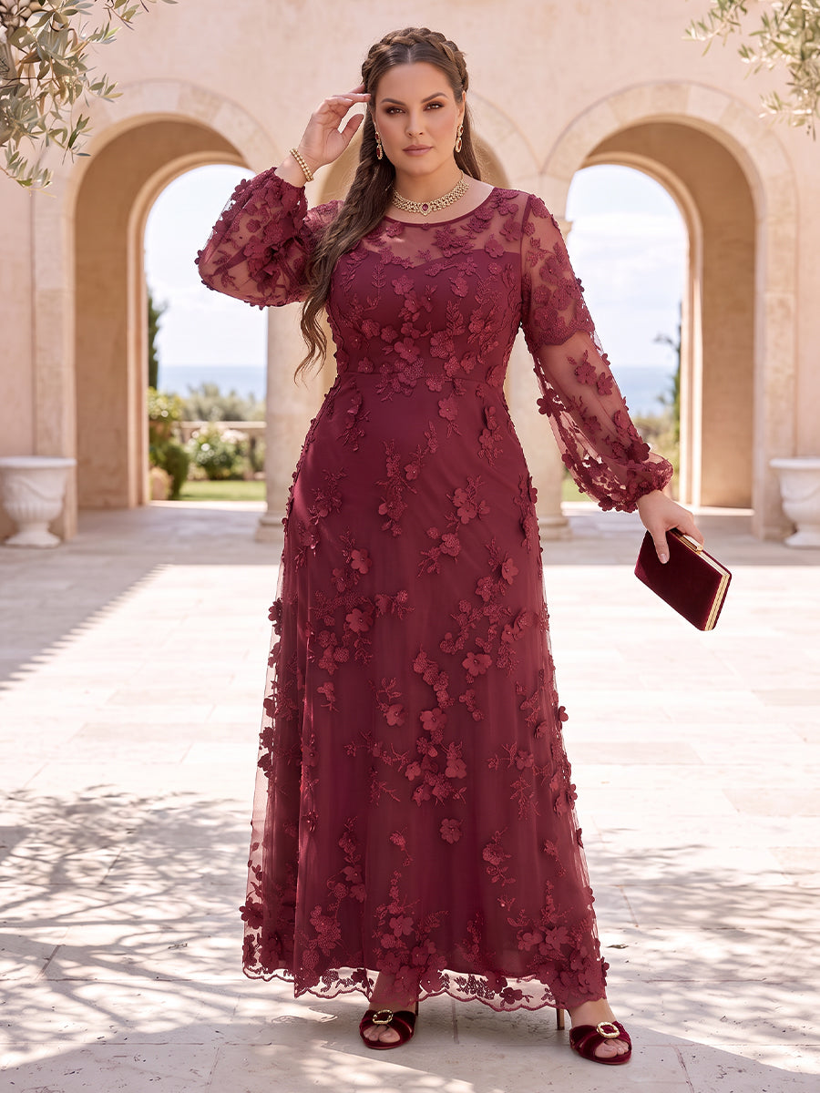 3D Flower Plus Size Long Sleeves Mother of the Bride/Groom Dresses A Line Scoop Neck Floor Length Formal Dresses