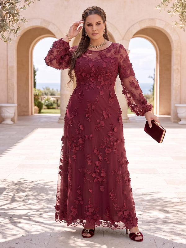 3D Flower Plus Size Long Sleeves Mother of the Bride/Groom Dresses A Line Scoop Neck Floor Length Formal Dresses