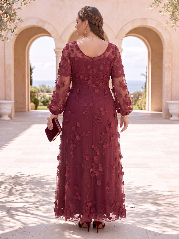 3D Flower Plus Size Long Sleeves Mother of the Bride/Groom Dresses A Line Scoop Neck Floor Length Formal Dresses