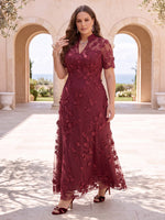 3D Flower Plus Size Short Sleeves Mother of the Bride/Groom Dresses A Line Stand Collar Floor Length Formal Dresses