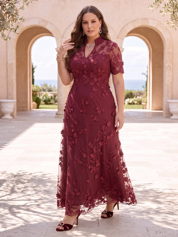 3D Flower Plus Size Short Sleeves Mother of the Bride/Groom Dresses A Line Stand Collar Floor Length Formal Dresses