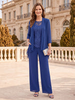 3 Pieces Chiffon Mother of the Bride/Groom Pantsuit Round Neck Long Sleeves Floor Length with Jacket