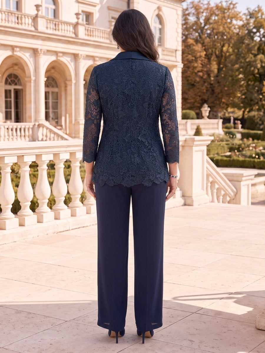 3 Pieces Plus Size Long Sleeves Mother of the Bride/Groom Pantsuit Lace Round Neck Floor Length with Jacket