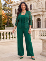 3 Pieces Plus Size 3/4 Sleeves Mother of the Bride/Groom Pantsuit V Neck Lace Floor Length with Jacket