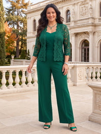 3 Pieces Plus Size 3/4 Sleeves Mother of the Bride/Groom Pantsuit V Neck Lace Floor Length with Jacket