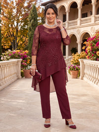2 Pieces Plus Size Sequin Mother of the Bride/Groom Pantsuit 3/4 Sleeves Round Neck Floor Length