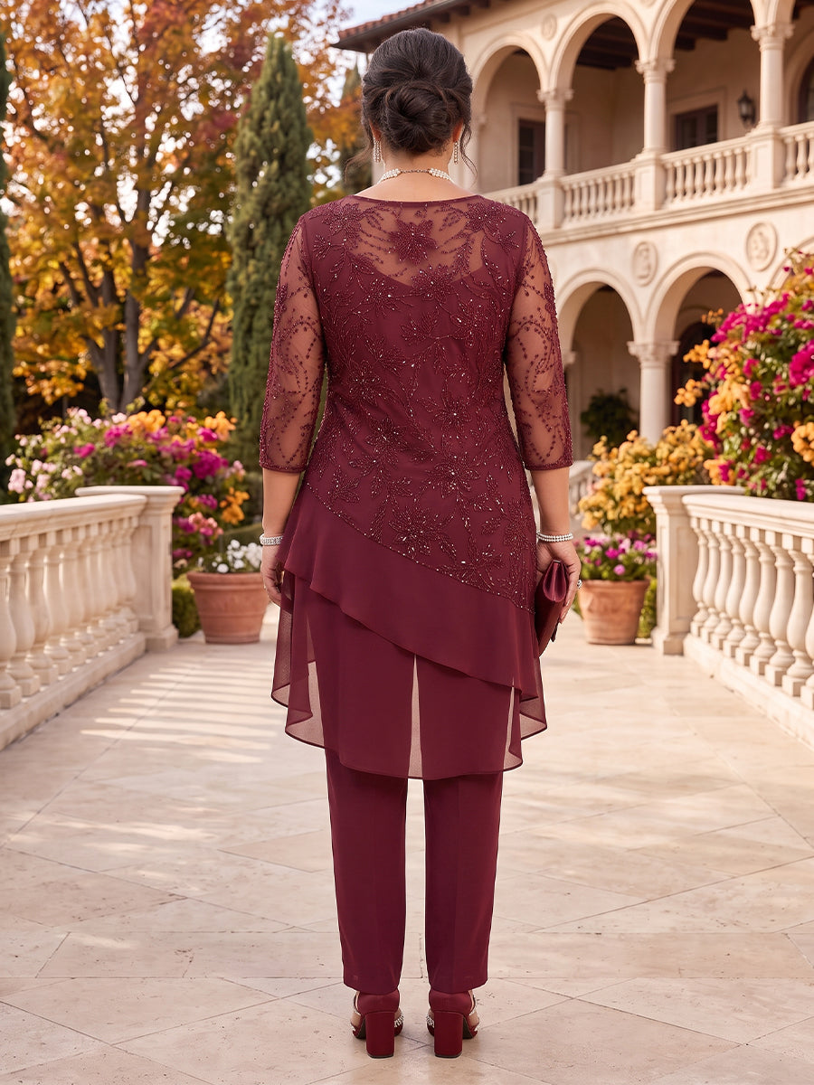 2 Pieces Plus Size Sequin Mother of the Bride/Groom Pantsuit 3/4 Sleeves Round Neck Floor Length
