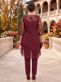 2 Pieces Plus Size Sequin Mother of the Bride/Groom Pantsuit 3/4 Sleeves Round Neck Floor Length