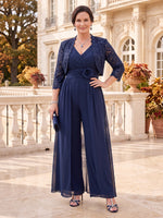 2 Pieces Plus Size Lace Mother of the Bride/Groom Pantsuit 3/4 Sleeves V Neck Floor Length with Jacket