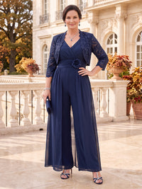 2 Pieces Plus Size Lace Mother of the Bride/Groom Pantsuit 3/4 Sleeves V Neck Floor Length with Jacket