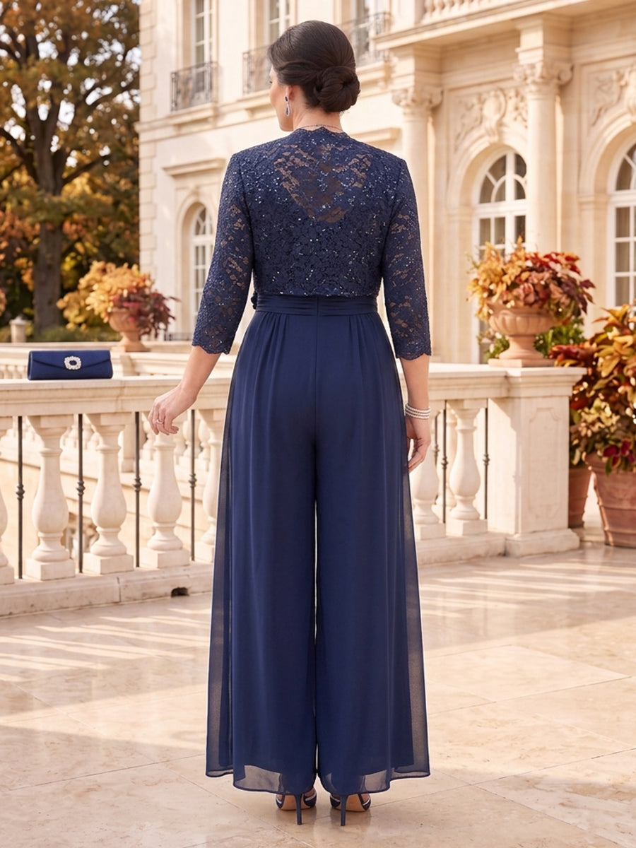2 Pieces Plus Size Lace Mother of the Bride/Groom Pantsuit 3/4 Sleeves V Neck Floor Length with Jacket