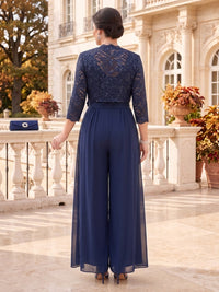 2 Pieces Plus Size Lace Mother of the Bride/Groom Pantsuit 3/4 Sleeves V Neck Floor Length with Jacket