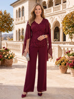 2 Pieces Lace Mother of the Bride/Groom Pantsuit Long Sleeves V Neck Floor Length