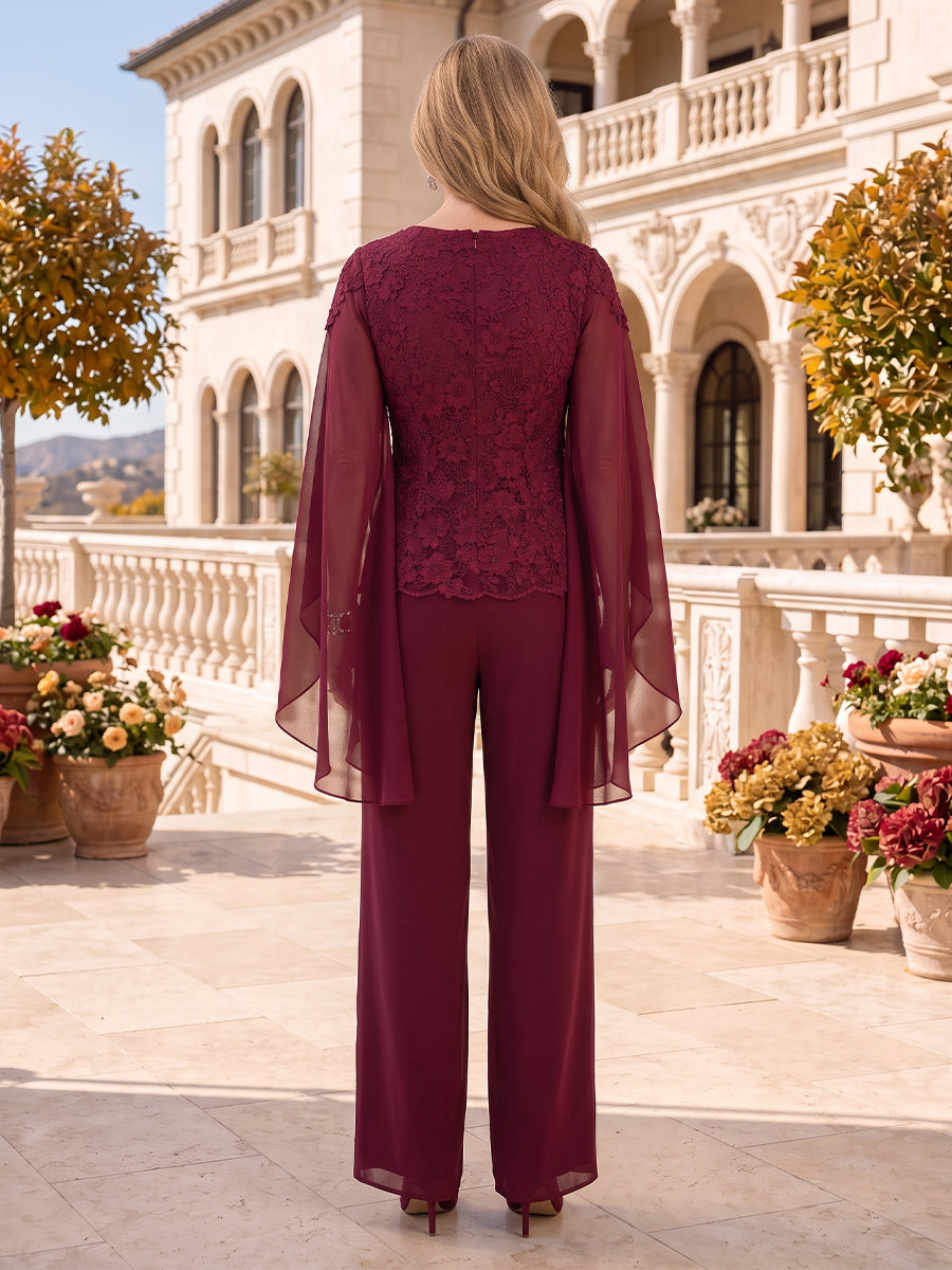 2 Pieces Lace Mother of the Bride/Groom Pantsuit Long Sleeves V Neck Floor Length