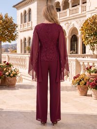 2 Pieces Lace Mother of the Bride/Groom Pantsuit Long Sleeves V Neck Floor Length