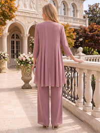 3 Pieces Chiffon Mother of the Bride/Groom Pantsuit Long Sleeves V Neck Floor Length with Jacket