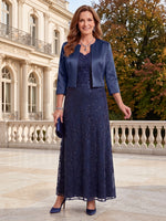 2 Pieces Sequin 3/4 Sleeves Mermaid/Sheath Mother of the Bride/Groom Dresses with Jacket V Neck Floor Length