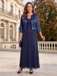 2 Pieces Sequin 3/4 Sleeves Mermaid/Sheath Mother of the Bride/Groom Dresses with Jacket V Neck Floor Length