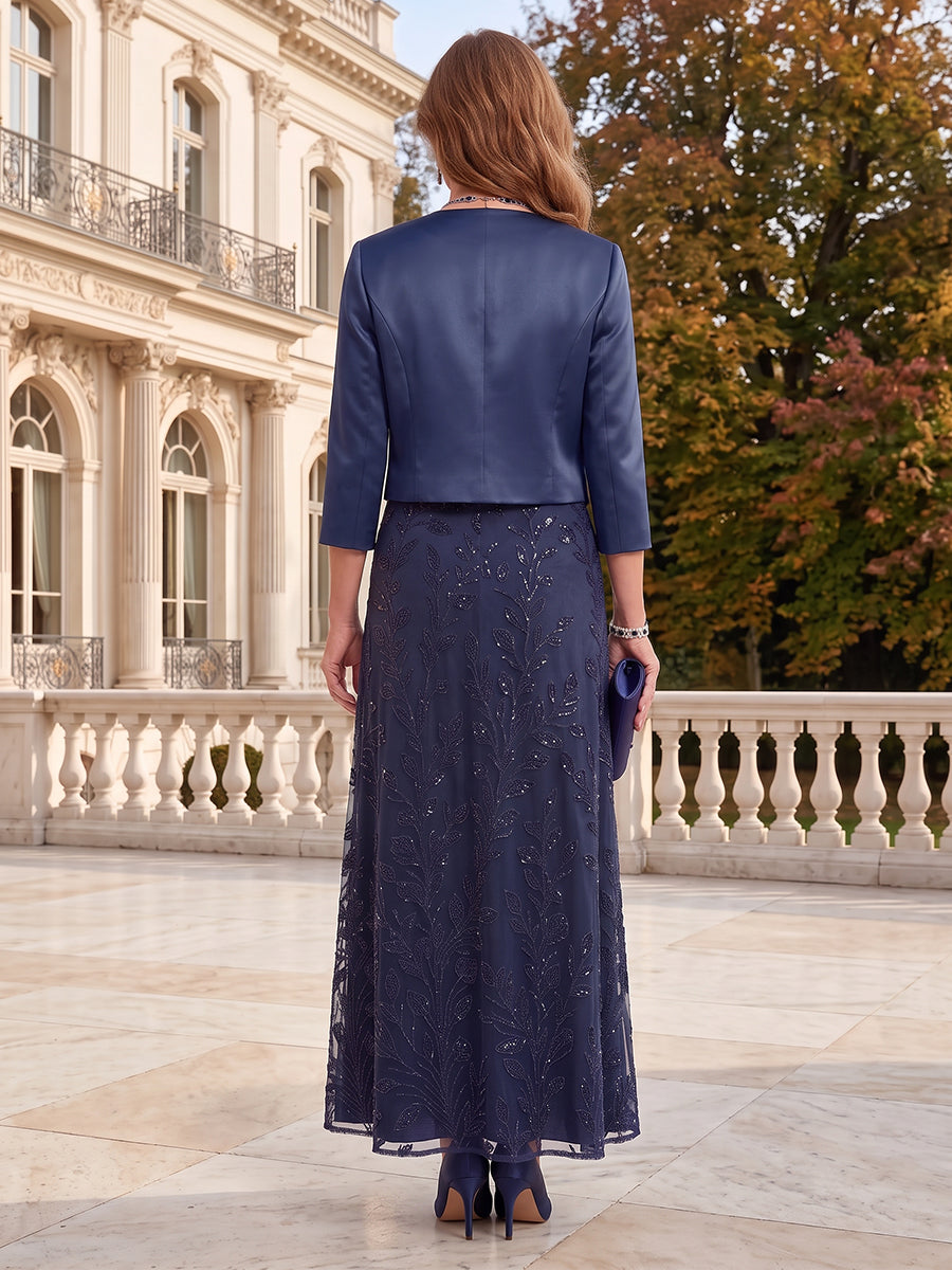 2 Pieces Sequin 3/4 Sleeves Mermaid/Sheath Mother of the Bride/Groom Dresses with Jacket V Neck Floor Length
