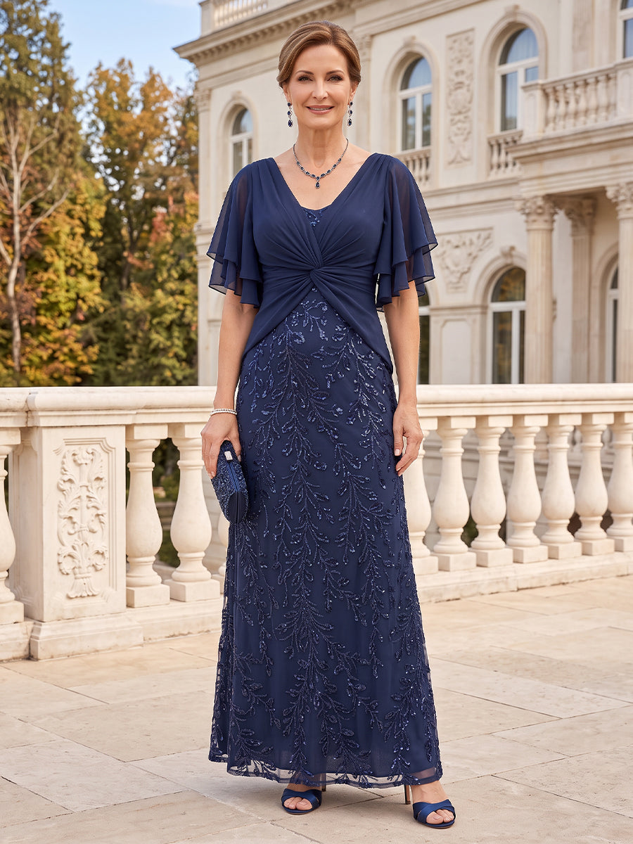 Sequin Short Sleeves Mother of the Bride/Groom Dresses Mermaid/Sheath V Neck Floor Length