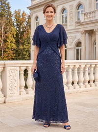 Sequin Short Sleeves Mother of the Bride/Groom Dresses Mermaid/Sheath V Neck Floor Length