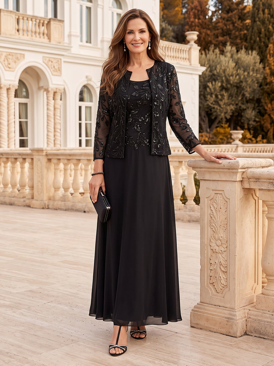 2 Pieces Sequin Long Sleeves Mother of the Bride/Groom Dresses with Jacket Scoop Neck A Line Floor Length