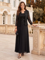 2 Pieces Sequin Long Sleeves Mother of the Bride/Groom Dresses with Jacket Scoop Neck A Line Floor Length
