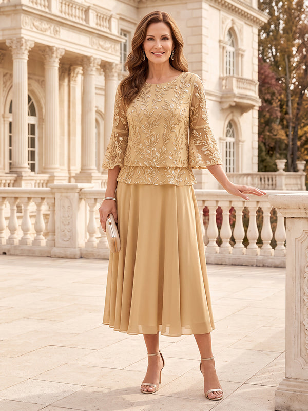 Tea Length Sequin 3/4 Sleeves Mother of the Bride/Groom Dresses Scoop Neck A Line