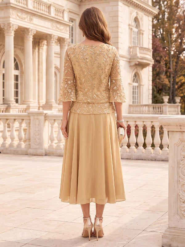 Tea Length Sequin 3/4 Sleeves Mother of the Bride/Groom Dresses Scoop Neck A Line
