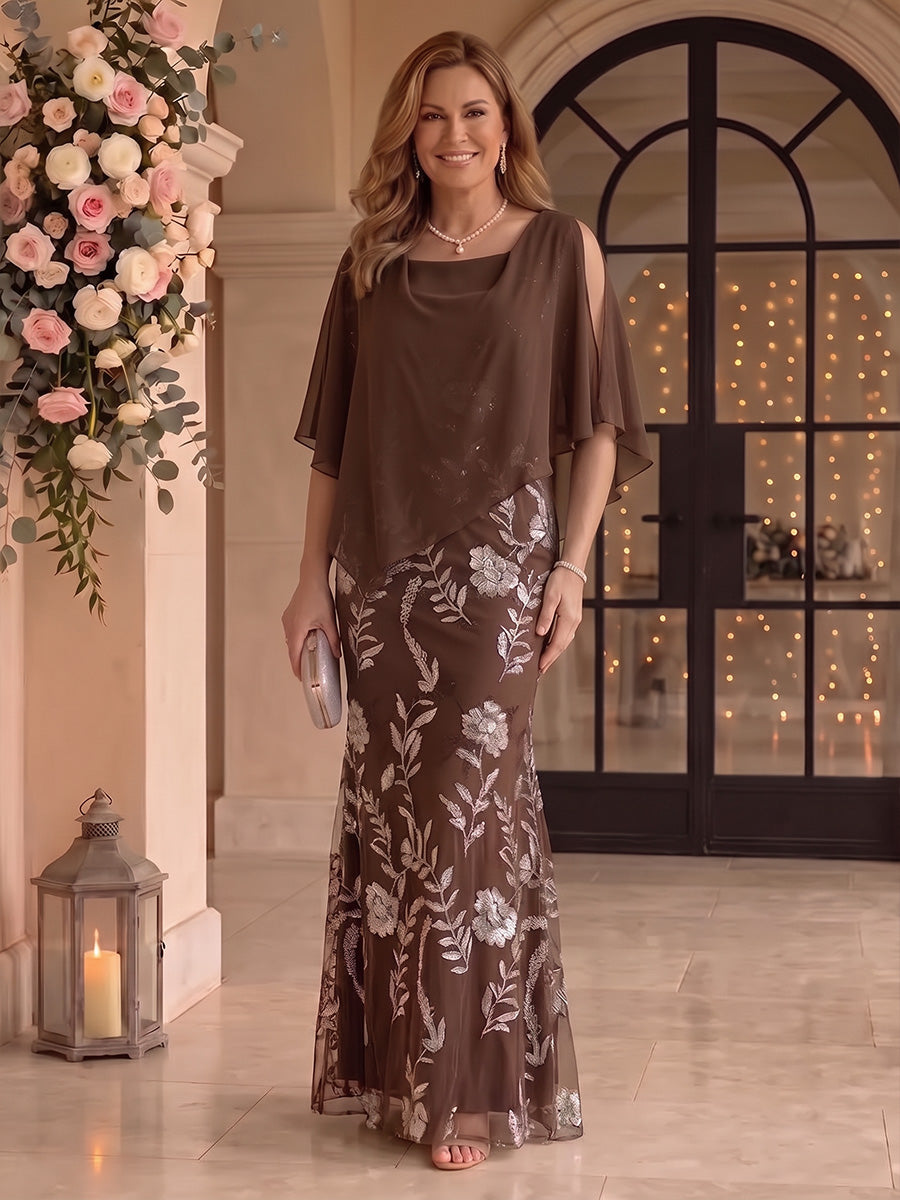 Sequin Plus Size Mother of the Bride/Groom Dresses Mermaid/Sheath Scoop Neck Short Sleeves with Cape