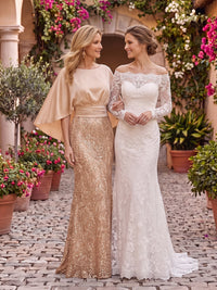 Satin Sequin Mermaid/Sheath Mother of the Bride/Groom Dresses with Cape Sleeves Scoop Neck