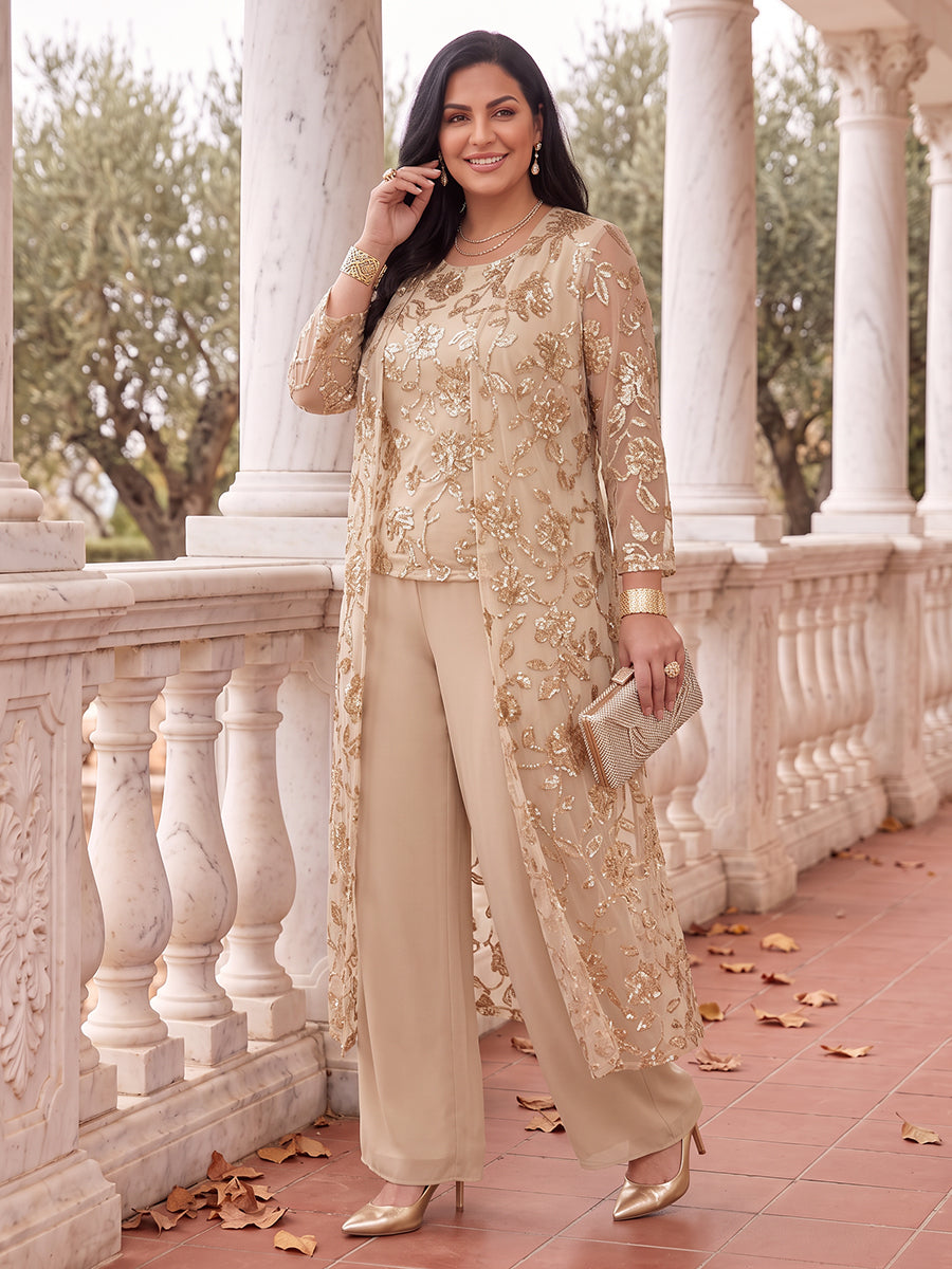 3 Pieces Plus Size Long Sleeves Mother of the Bride/Groom Pantsuit Scoop Neck Sequin Floor Length with Jacket