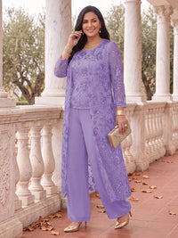 3 Pieces Plus Size Long Sleeves Mother of the Bride/Groom Pantsuit Scoop Neck Sequin Floor Length with Jacket