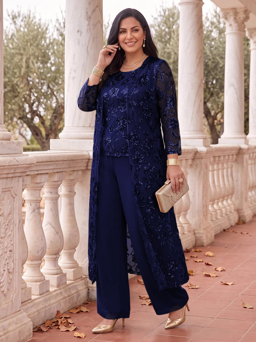 3 Pieces Plus Size Long Sleeves Mother of the Bride/Groom Pantsuit Scoop Neck Sequin Floor Length with Jacket