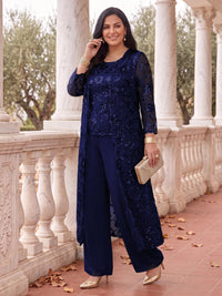 3 Pieces Plus Size Long Sleeves Mother of the Bride/Groom Pantsuit Scoop Neck Sequin Floor Length with Jacket