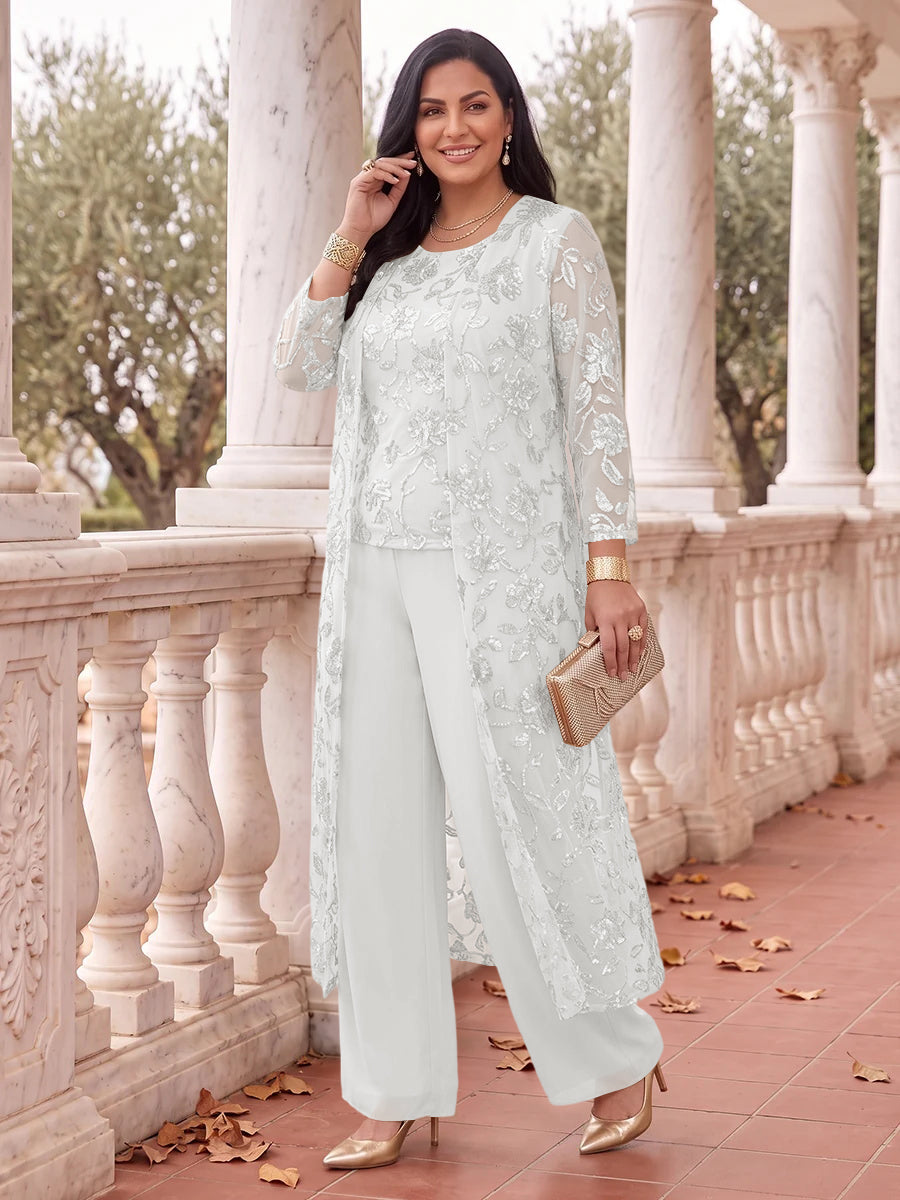 3 Pieces Plus Size Long Sleeves Mother of the Bride/Groom Pantsuit Scoop Neck Sequin Floor Length with Jacket