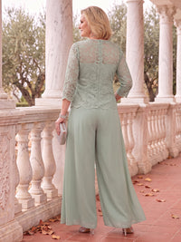 2 Pieces Plus Size 3/4 Sleeves Mother of the Bride/Groom Pantsuit Scoop Neck Lace Floor Length