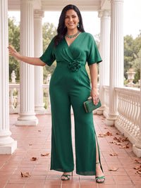 Plus Size Short Sleeves Mother of the Bride/Groom Pantsuit V Neck Satin Floor Length