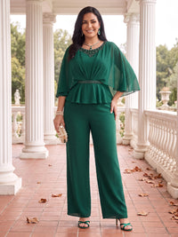 Plus Size Cape Sleeves Mother of the Bride/Groom Pantsuit Scoop Neck Chiffon Floor Length