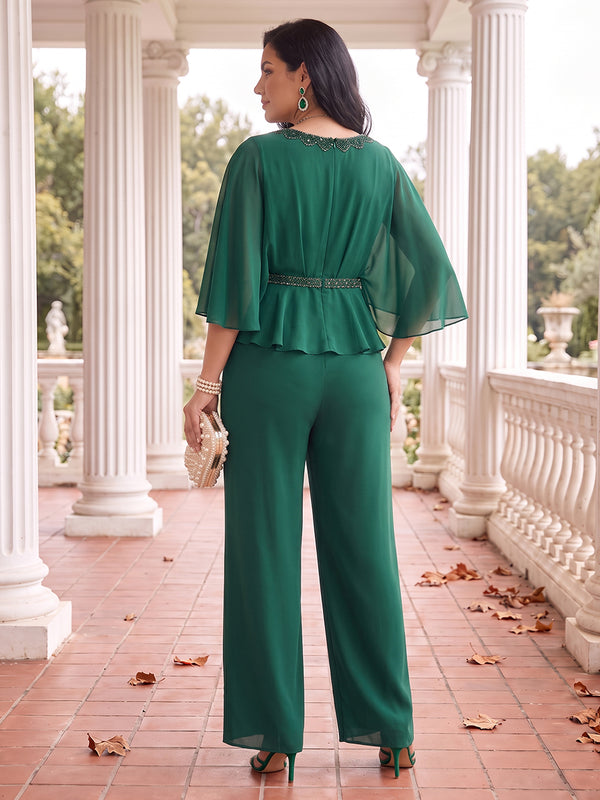 Plus Size Cape Sleeves Mother of the Bride/Groom Pantsuit Scoop Neck Chiffon Floor Length