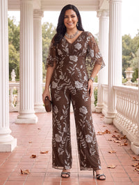 2 Pieces Plus Size Cape Sleeves Mother of the Bride/Groom Pantsuit V Neck Floor Length
