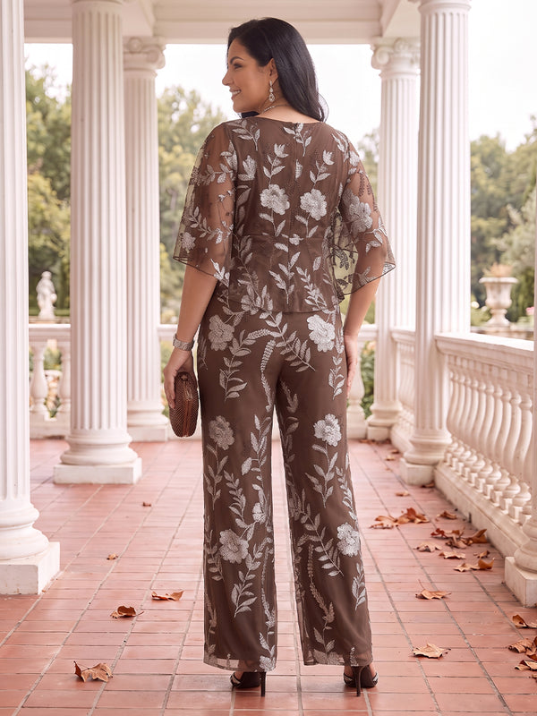 2 Pieces Plus Size Cape Sleeves Mother of the Bride/Groom Pantsuit V Neck Floor Length