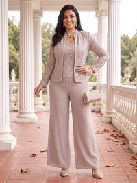 3 Pieces Plus Size Long Sleeves Mother of the Bride/Groom Pantsuit with Jacket Lace V Neck Floor Length