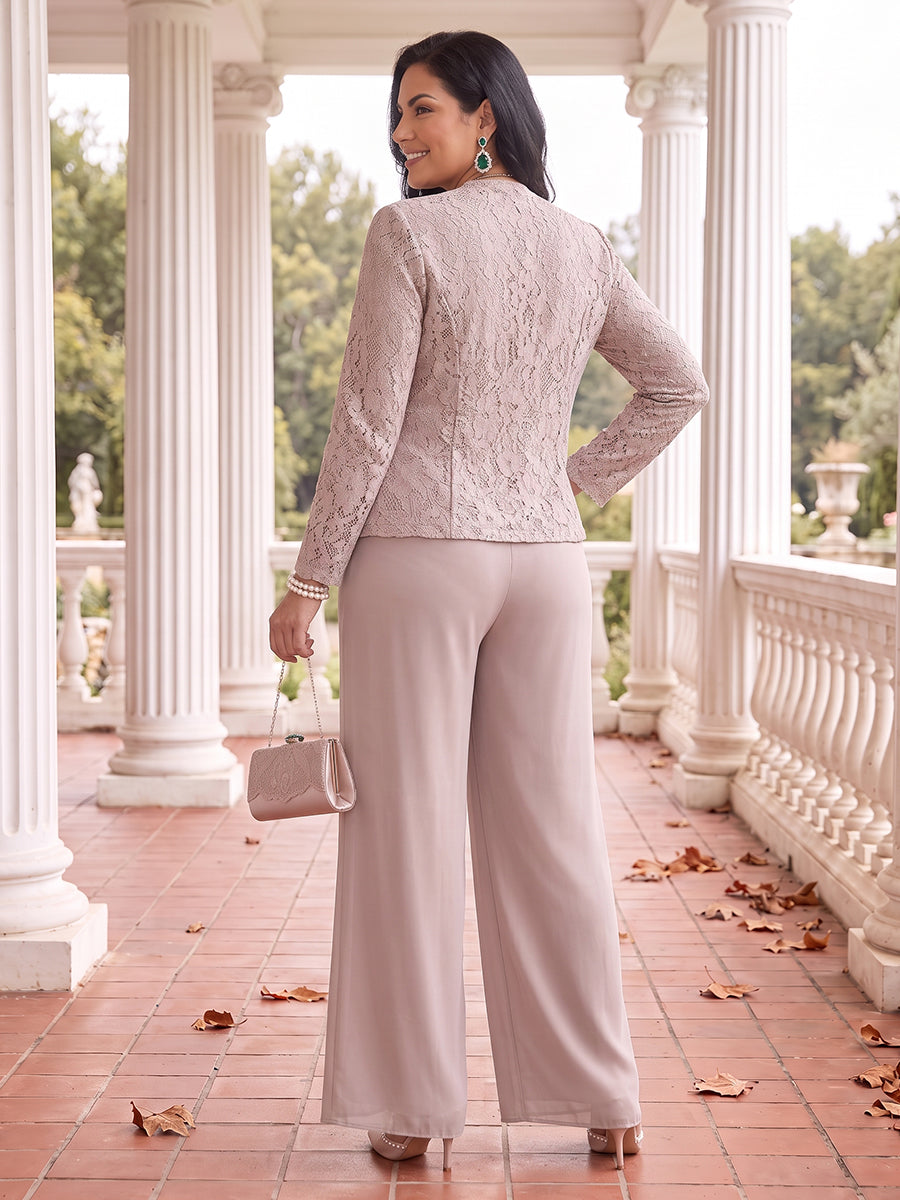 3 Pieces Plus Size Long Sleeves Mother of the Bride/Groom Pantsuit with Jacket Lace V Neck Floor Length