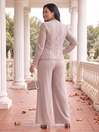 3 Pieces Plus Size Long Sleeves Mother of the Bride/Groom Pantsuit with Jacket Lace V Neck Floor Length