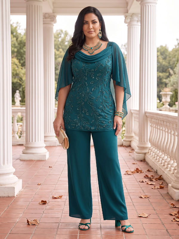 2 Pieces Plus Size Cape Sleeves Mother of the Bride/Groom Pantsuit Sequin Cowl Neck Floor Length