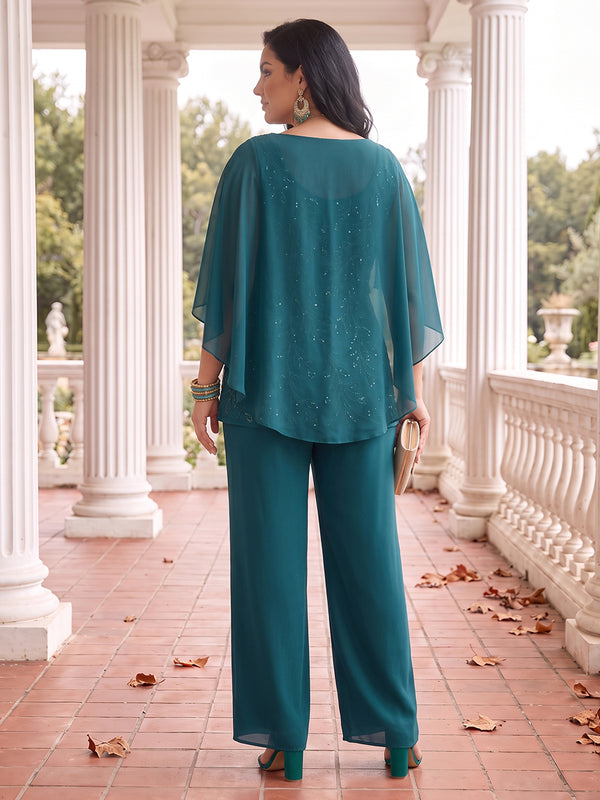 2 Pieces Plus Size Cape Sleeves Mother of the Bride/Groom Pantsuit Sequin Cowl Neck Floor Length