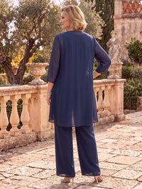 3 Pieces Long Sleeves Plus Size Mother of the Bride/Groom Pantsuit with Jacket Chiffon Jewel Floor Length